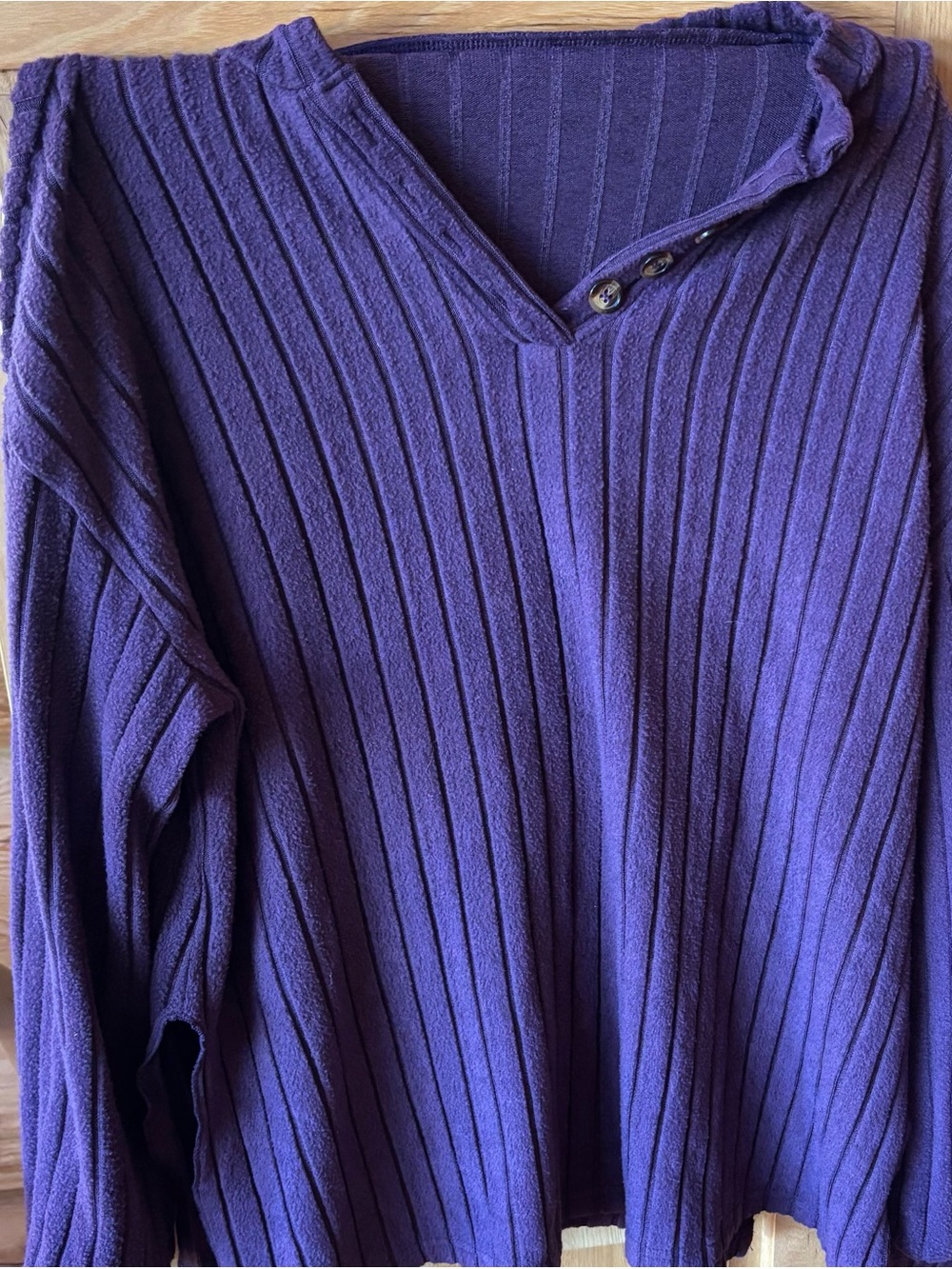 Women’s Purple Ribbed V-Neck Sweater with Button Accent
